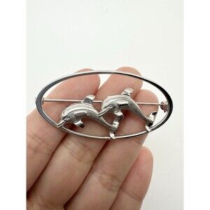 Vintage Beau Sterling Silver Double Dolphin Brooch Pin